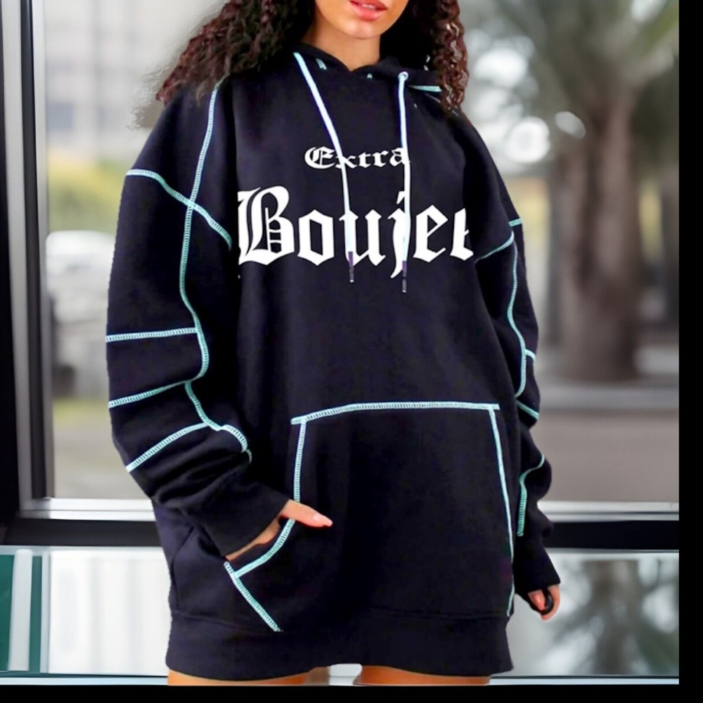 EXTRA BOUJEE Hooded Kangaroo PK Loose Fit Pullover Long Sleeve Mini Shirt Dress